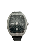 Luxury frank Muller  watch with black face and diamond-studded case on a white background