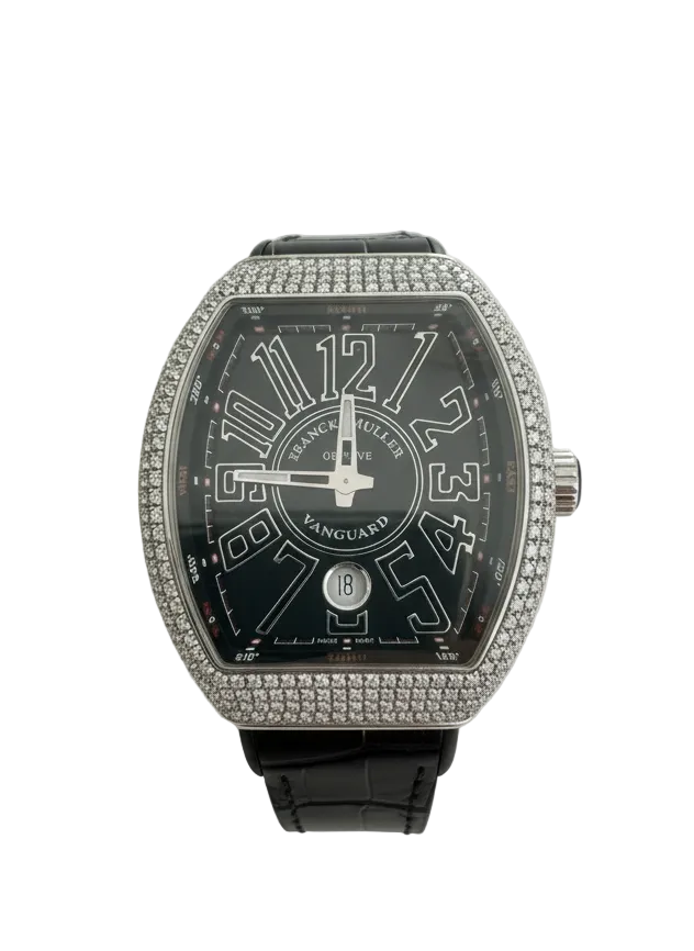 Luxury frank Muller  watch with black face and diamond-studded case on a white background