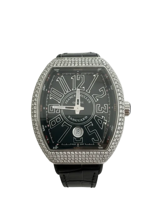 Luxury frank Muller  watch with black face and diamond-studded case on a white background